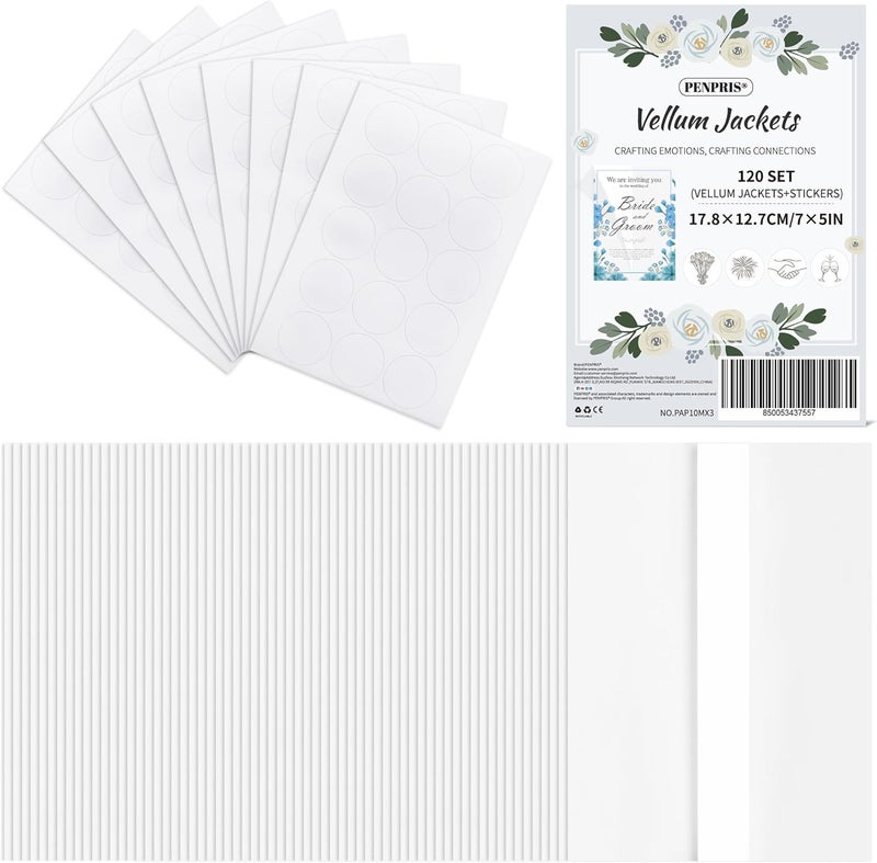 PENPRIS 120 Pcs Pre-Folded Vellum Jackets for 5x7 Invitations - Bulk Transparent Paper Envelope Liners with 120 Sealing Stickers for Wedding Birthdays Baby Showers Invitations PAP10MX3 - Image 1